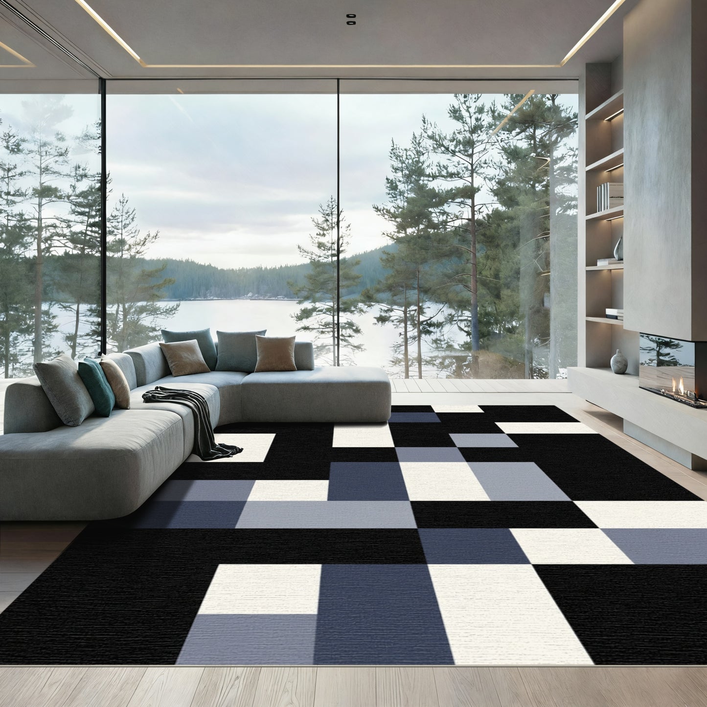 Modern Blue And Cream Geometric Blocks Rug