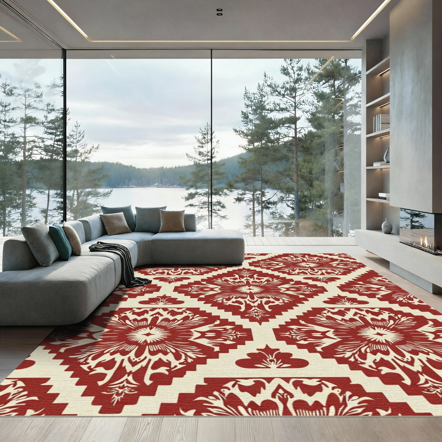 Crimson Cream Damask Geometric Rug