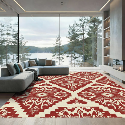 Crimson Cream Damask Geometric Rug
