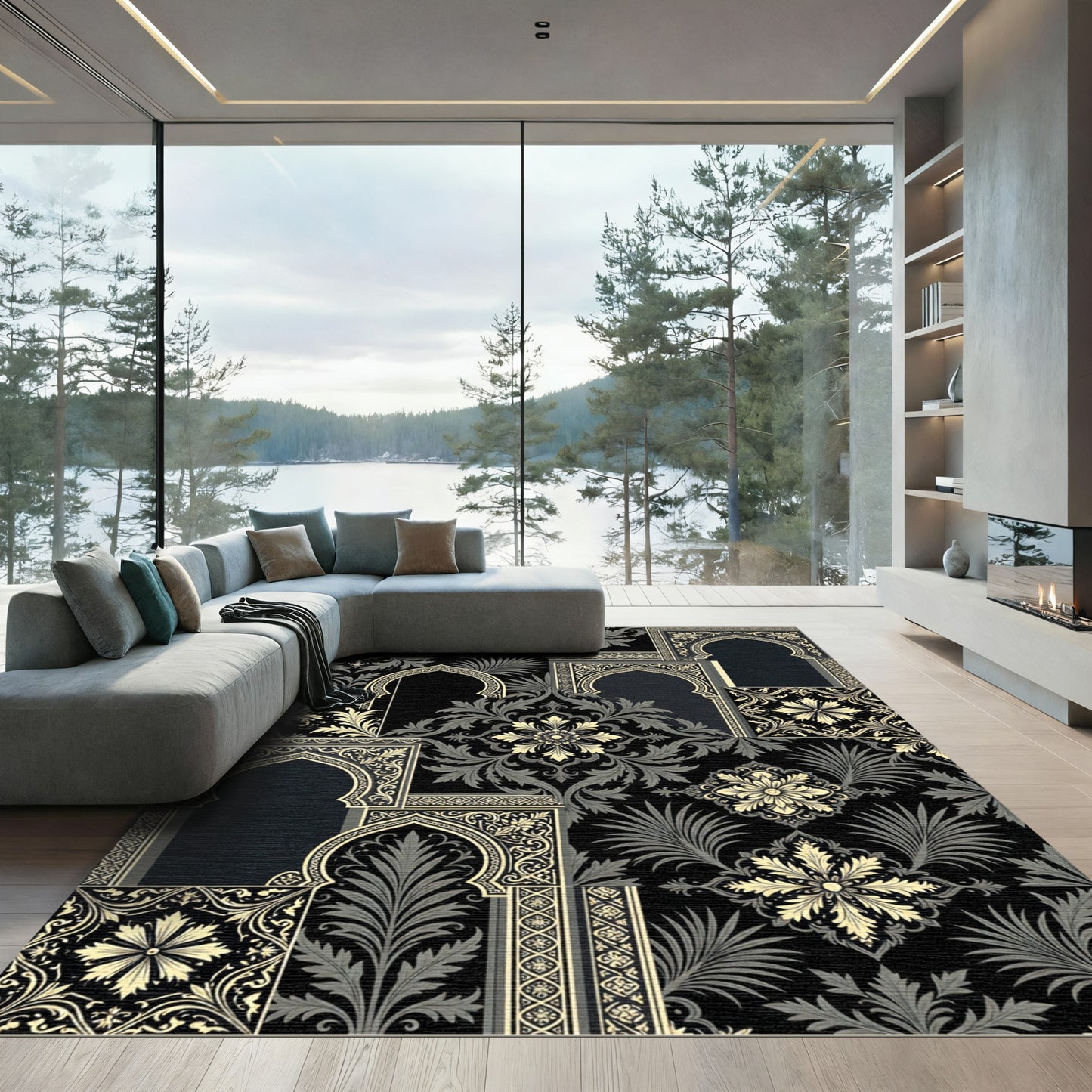 Black Ivory Archway Floral Arrangement Rug