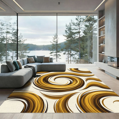 Golden Abstract Swirl Wave Area Rug