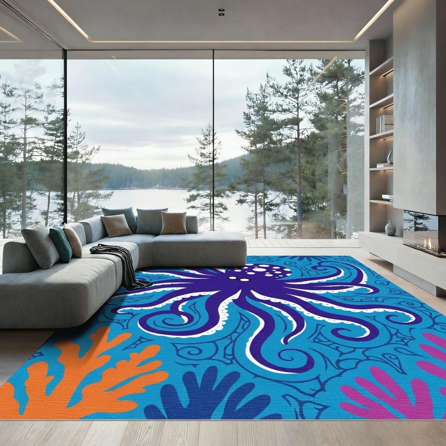 Vibrant Blue Octopus Swirl Coral Rug