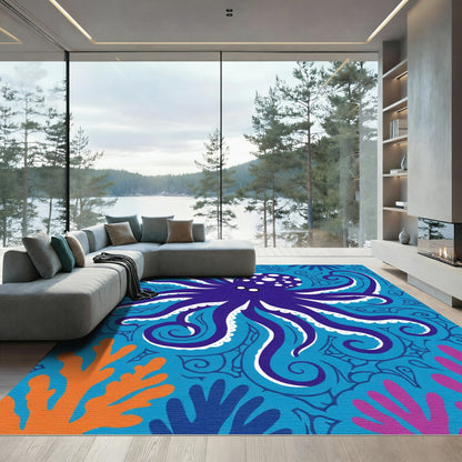 Vibrant Blue Octopus Swirl Coral Rug