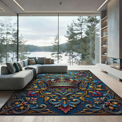 Majestic Royal Blue Gold Crown Medallion Rug