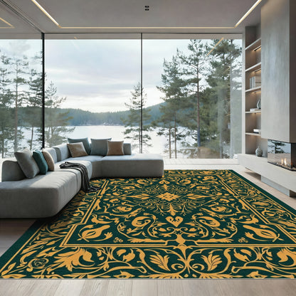 Antique Gold Floral Scroll Border Rug