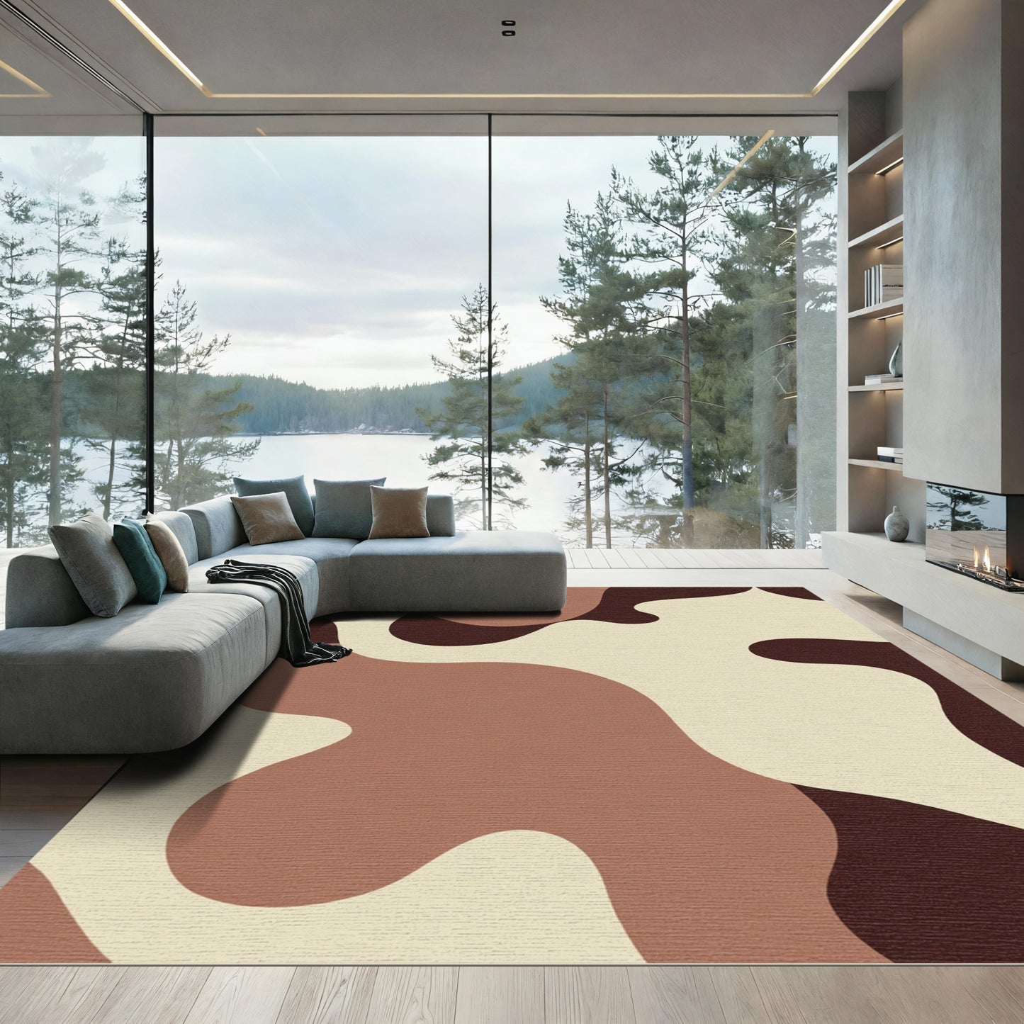 Abstract Cream Brown Organic Waves Rug
