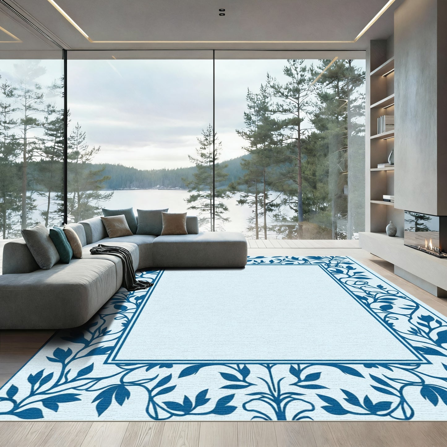 Dark Blue Vine Border Art Rug