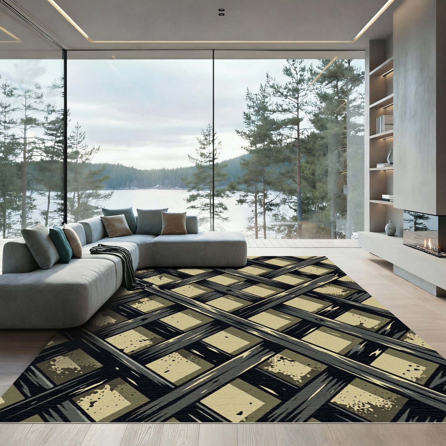 Dark Olive Gridded Lattice Grid Rug