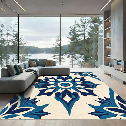 Deep Blue Floral Medallion Cream Rug