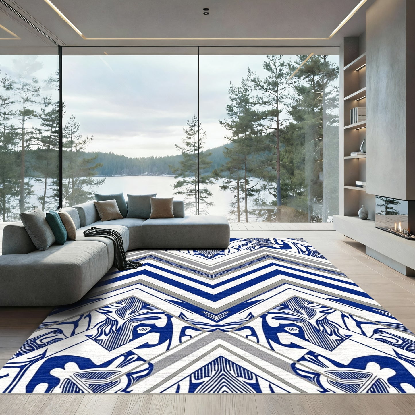 Bold Blue White Abstract Chevron Rug