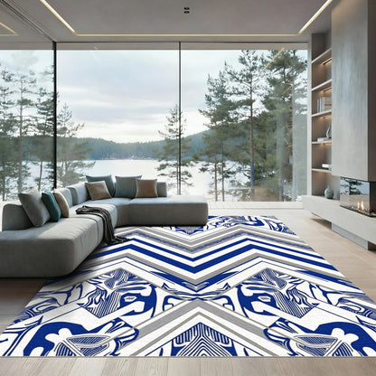 Bold Blue White Abstract Chevron Rug