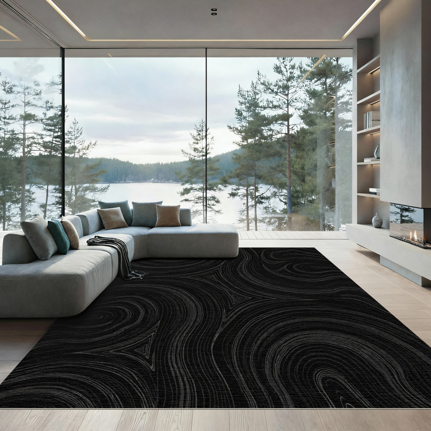 Dark Gray Swirling Lines Abstract Rug