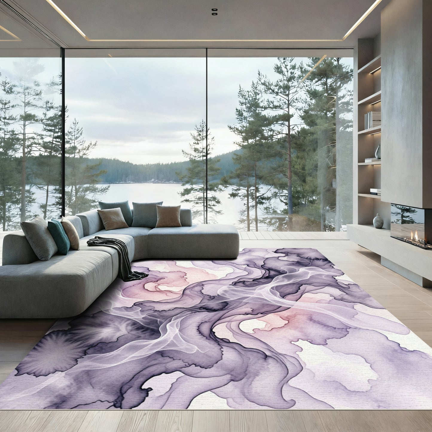 Ethereal Lavender Ink Wash Swirl Rug