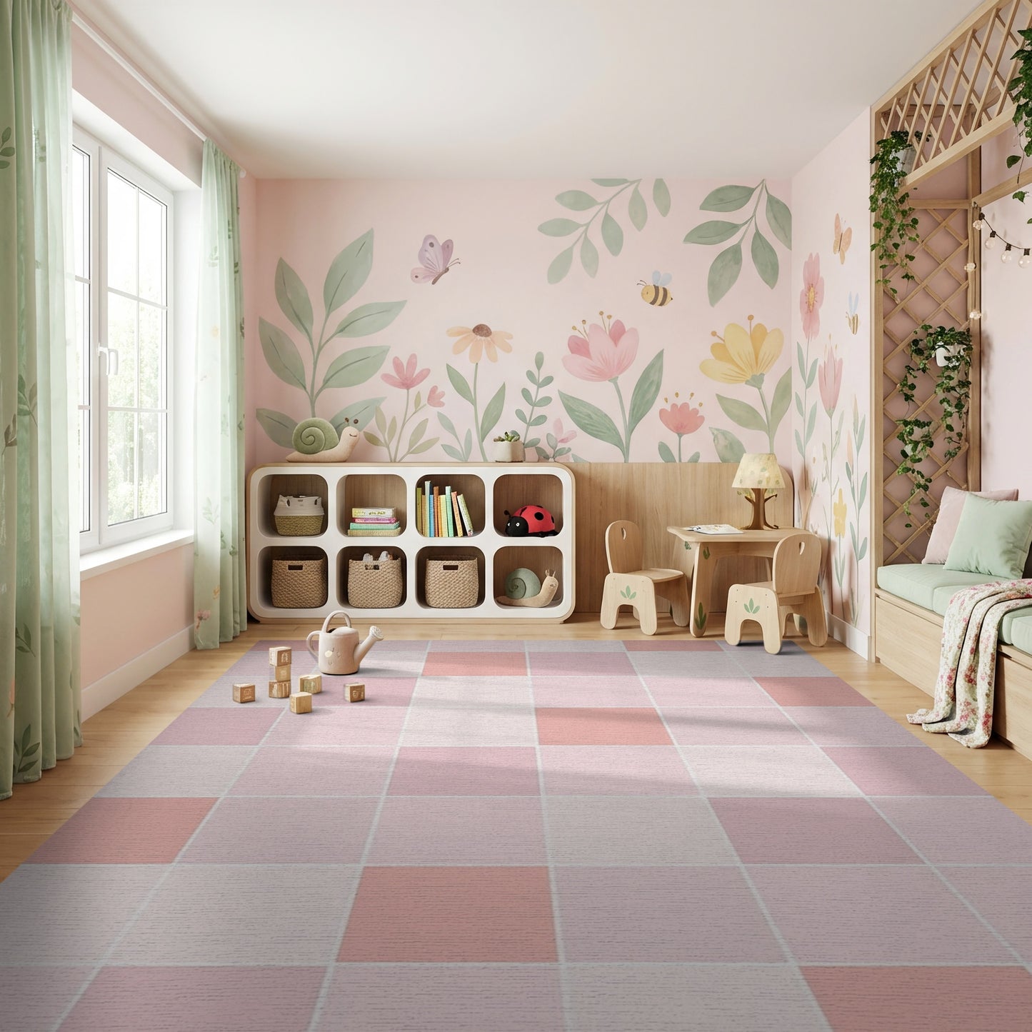 Blush Pink Geometric Grid Rug