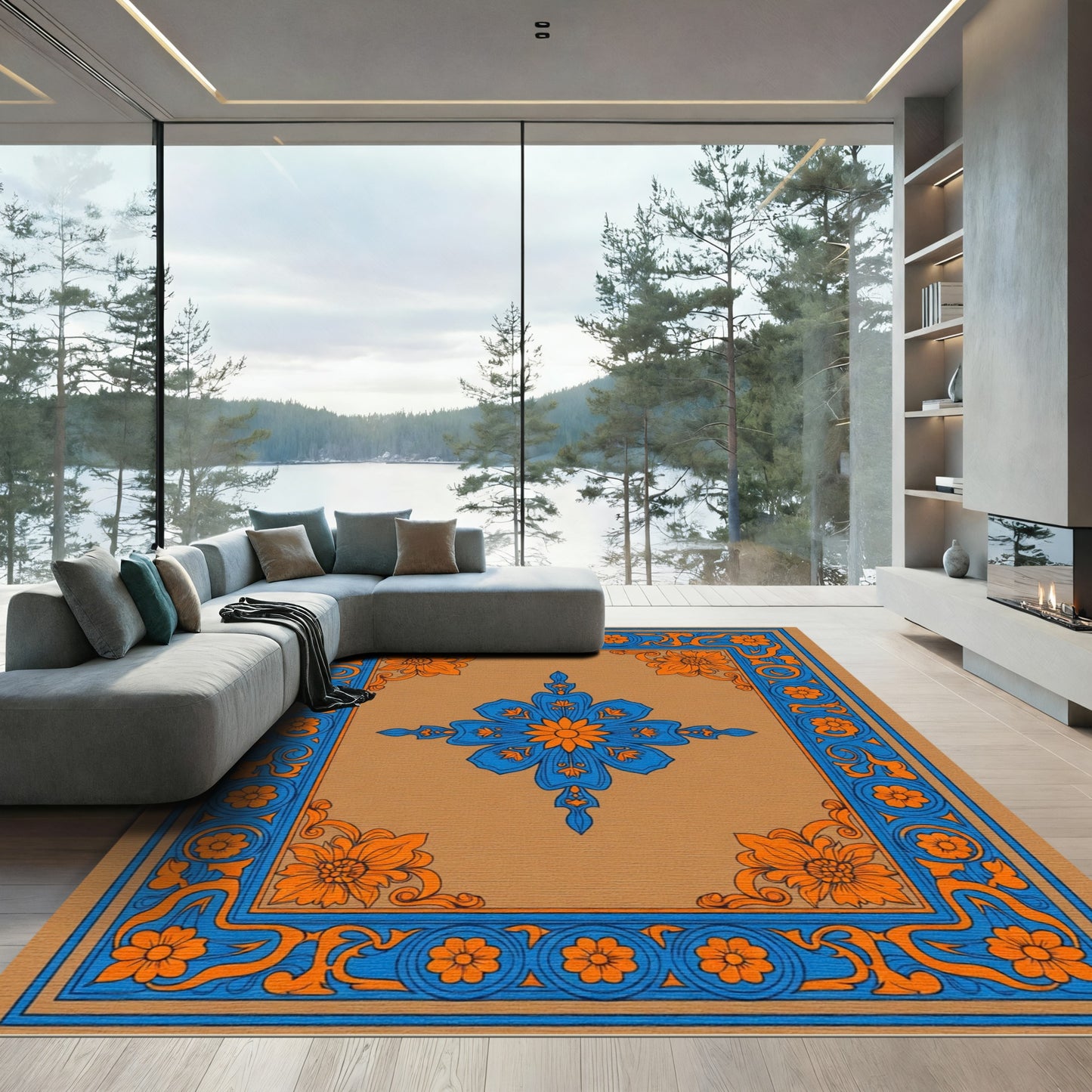 Orange Blue Floral Medallion Border Rug