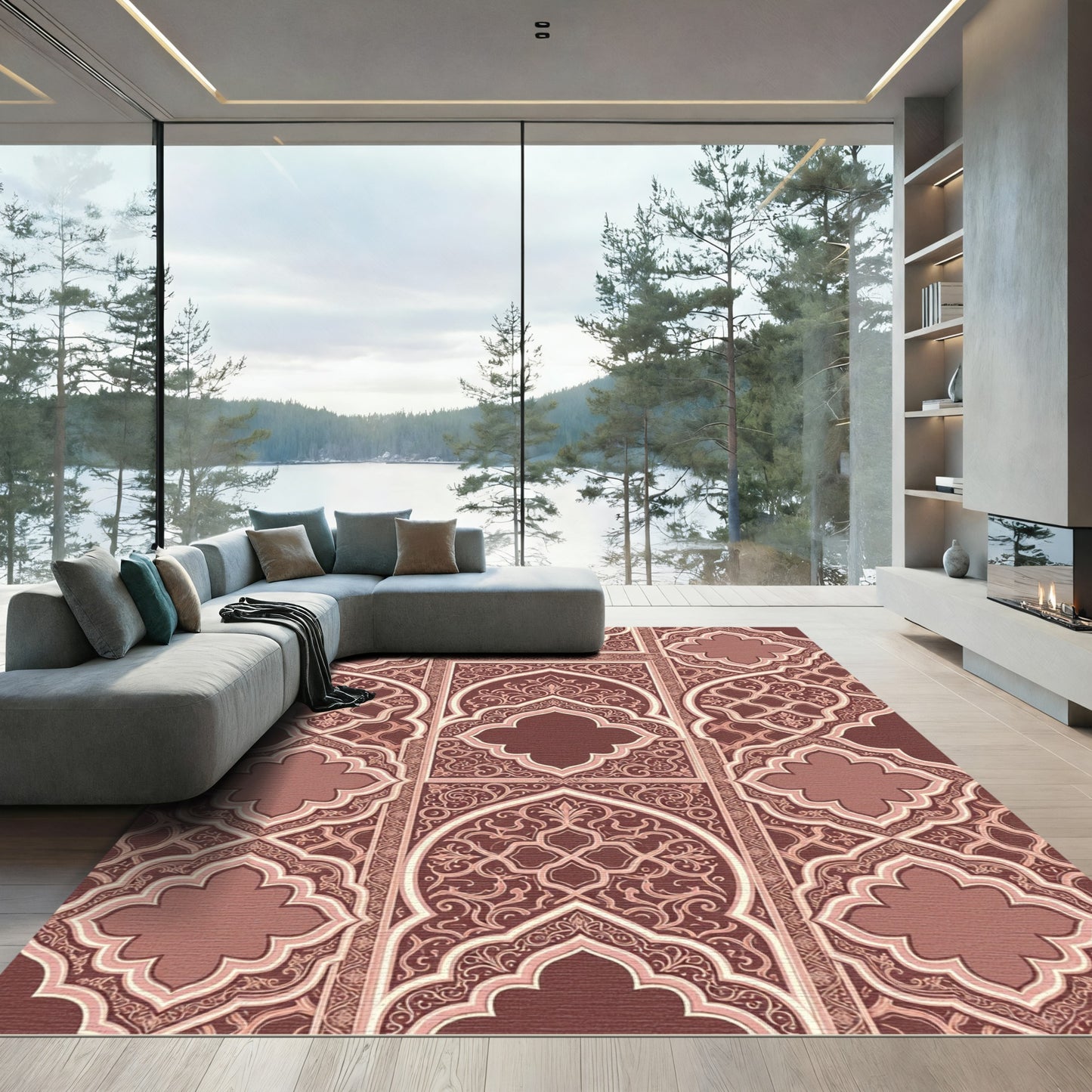 Ornate Terra Cotta Damask Archway Rug