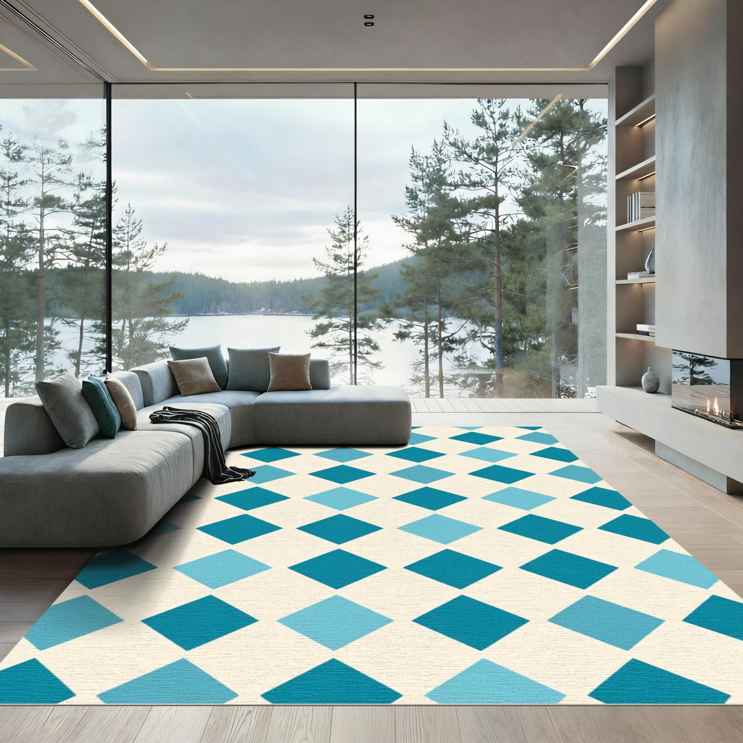 Teal Blue Diamond Grid Rug