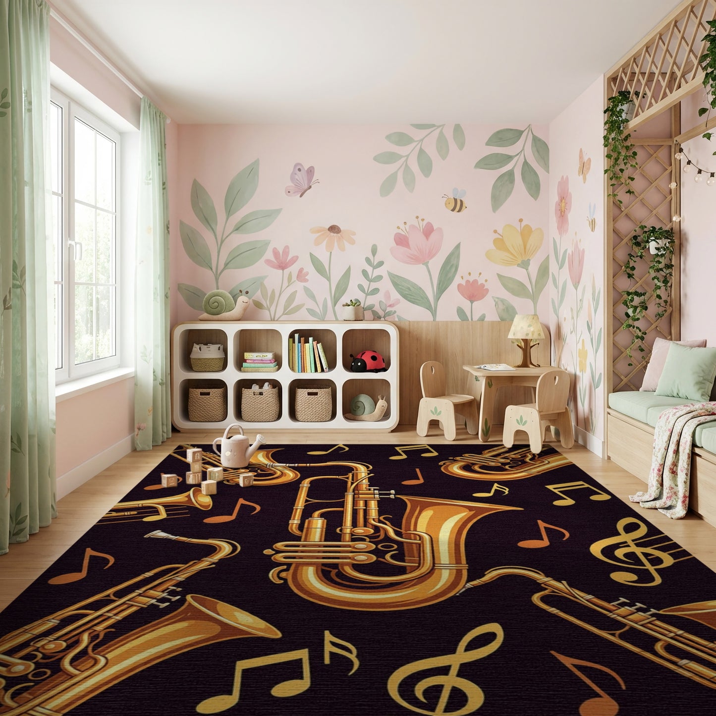 Golden Saxophones Music Notes Black Rug