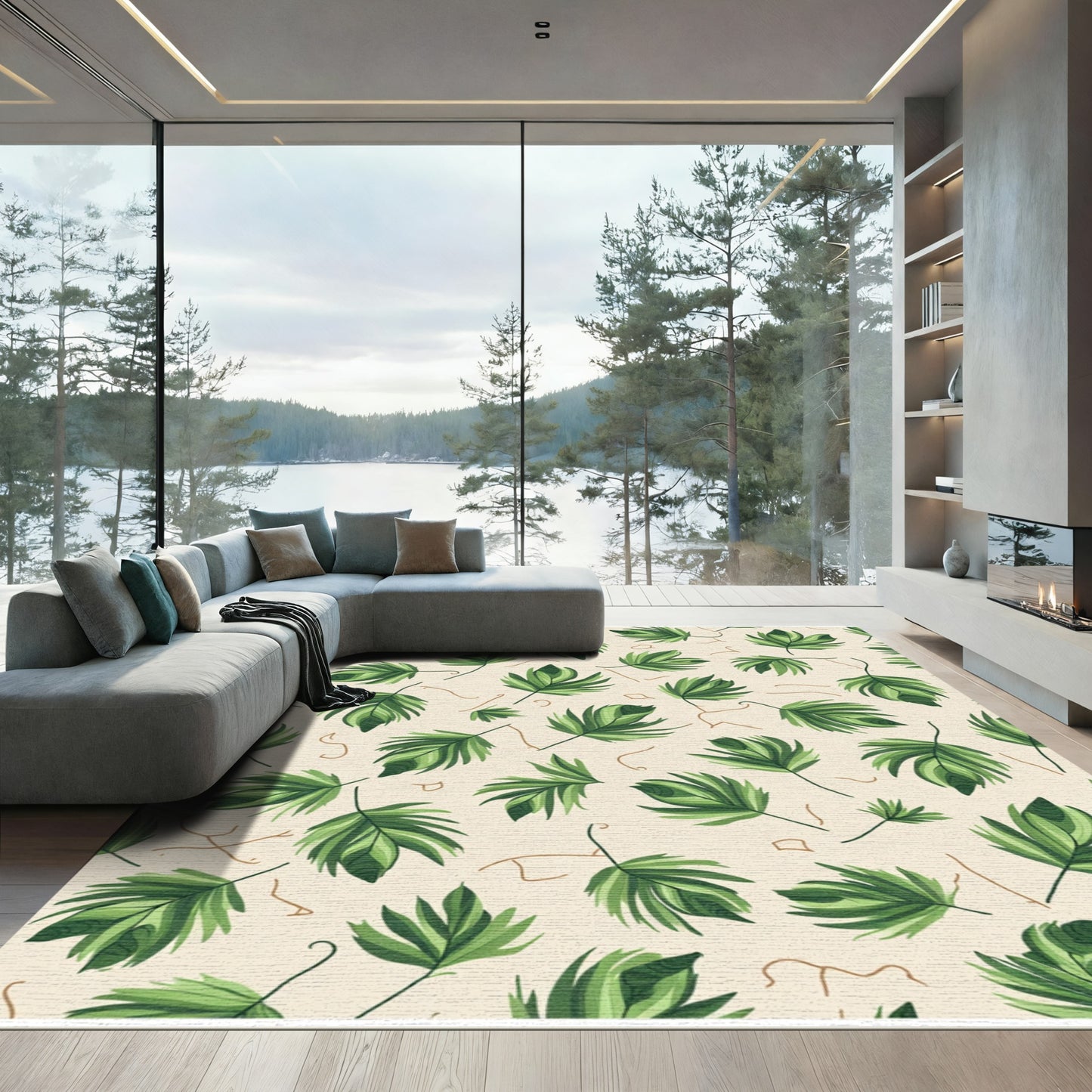 Lush Green Palm Frond Botanical Rug