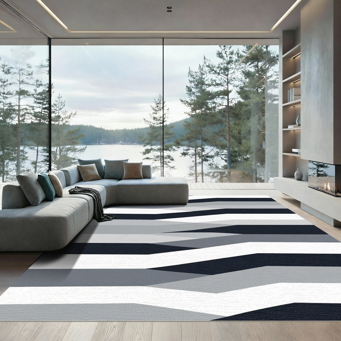 Modern Gray Geometric Ribbon Rug