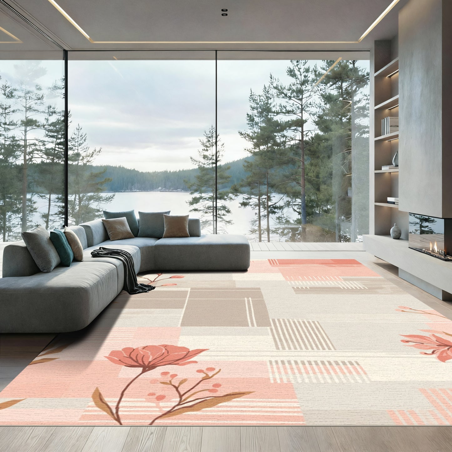 Soft Peach Floral Geometric Blocks Rug