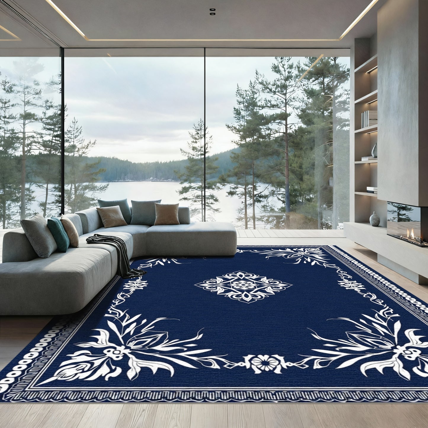 Classic Blue White Floral Medallion Border Rug