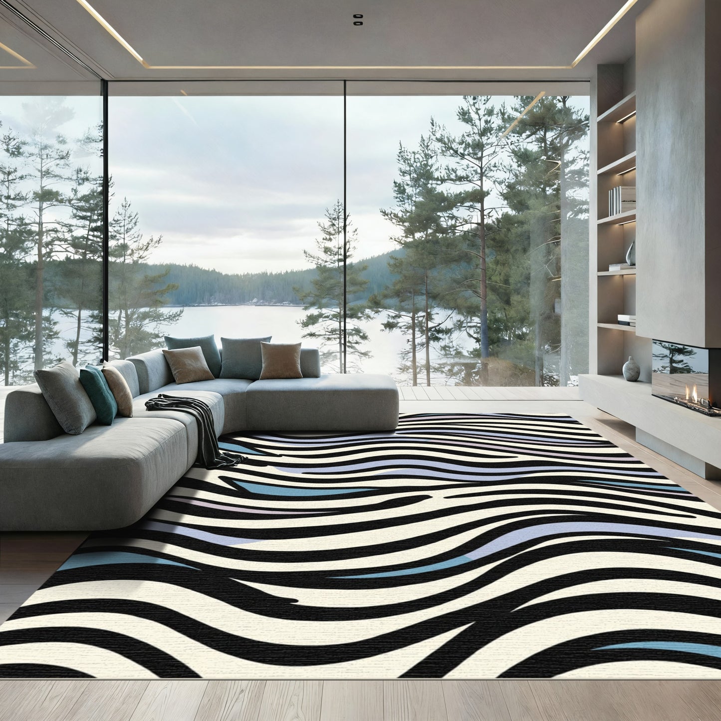 Abstract Black White Blue Wave Rug