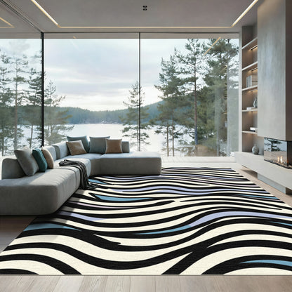 Abstract Black White Blue Wave Rug