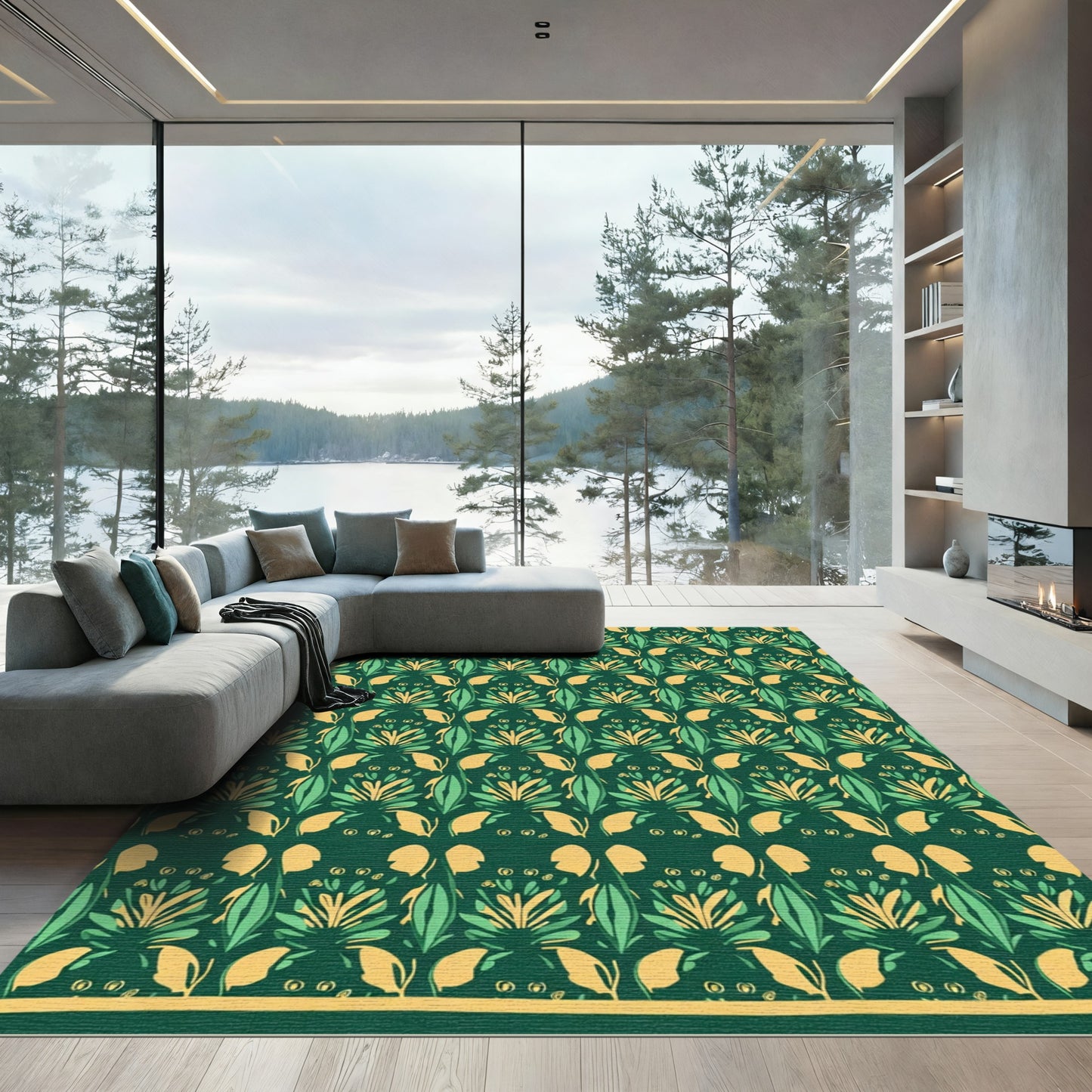 Emerald Green Yellow Leaf Medallion Rug