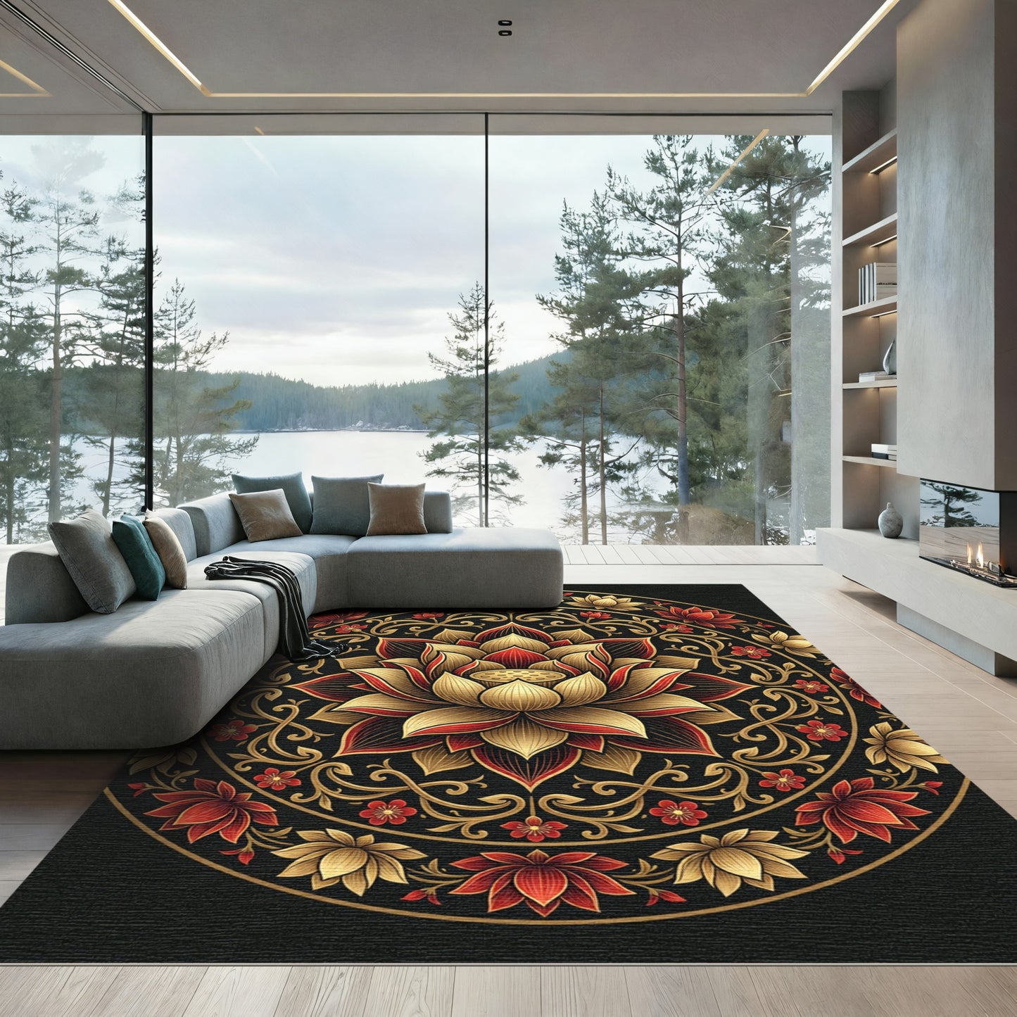 Elegant Gold and Crimson Lotus Mandala Rug