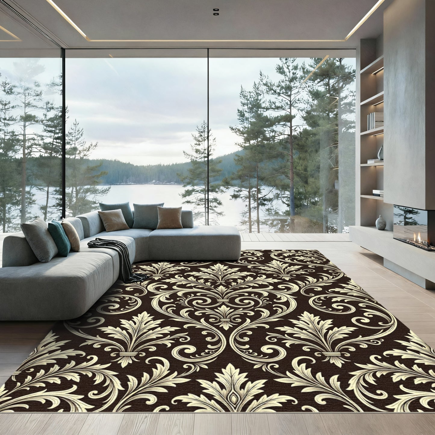 Ornate Ivory Acanthus Damask Rug