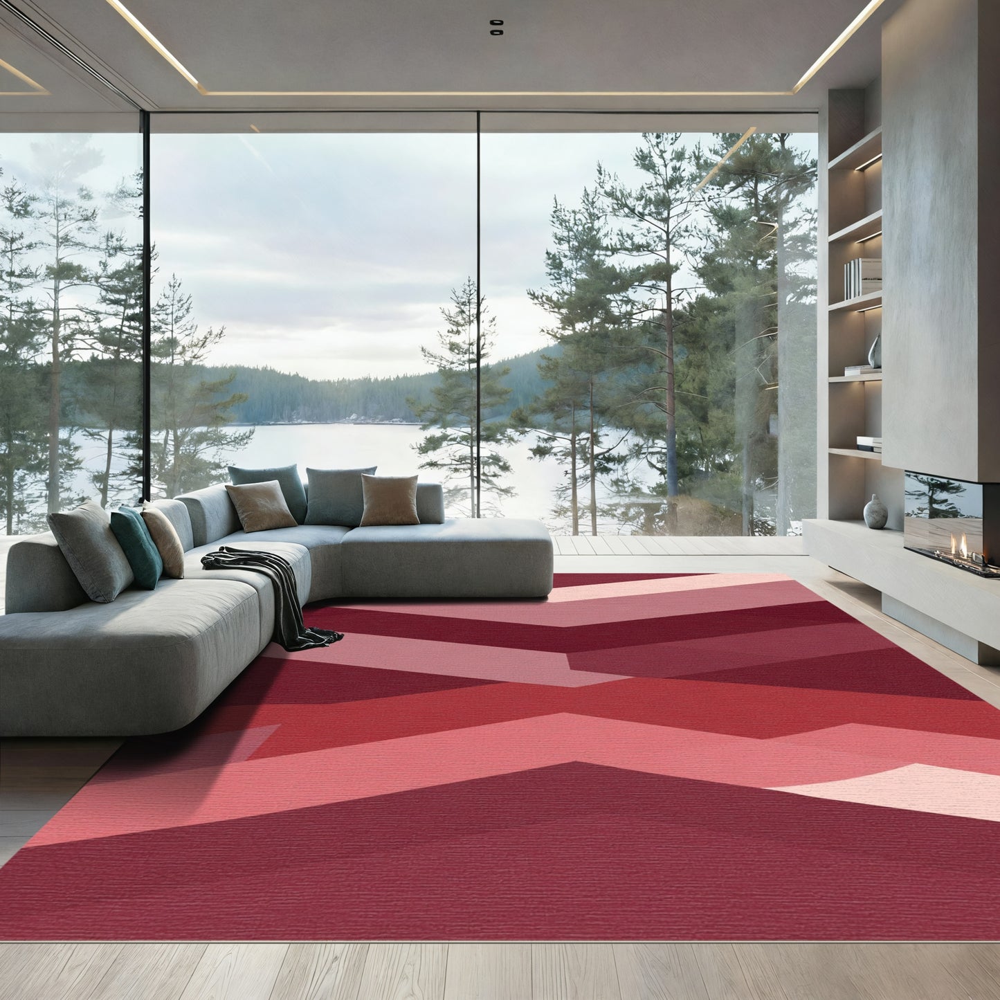 Crimson Layered Geometric Abstract Rug