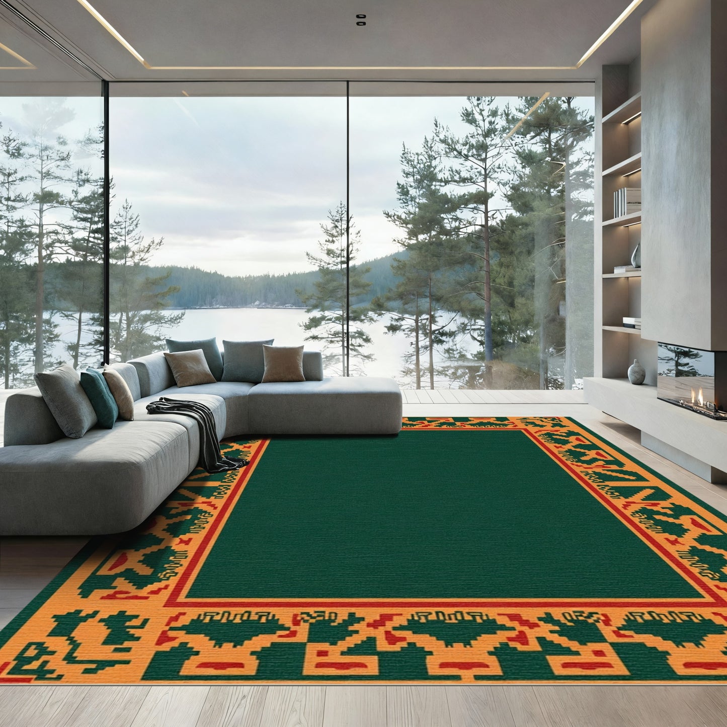 Bold Ochre Red Geometric Border Rug