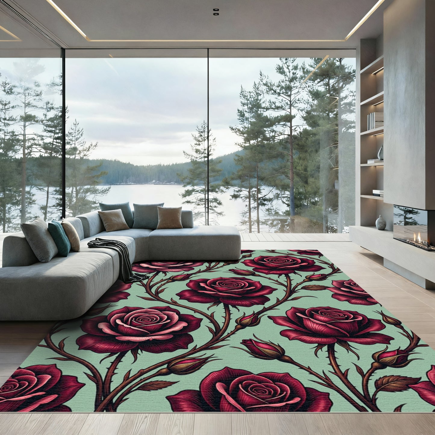 Elegant Crimson Rose Velvet Floral Rug