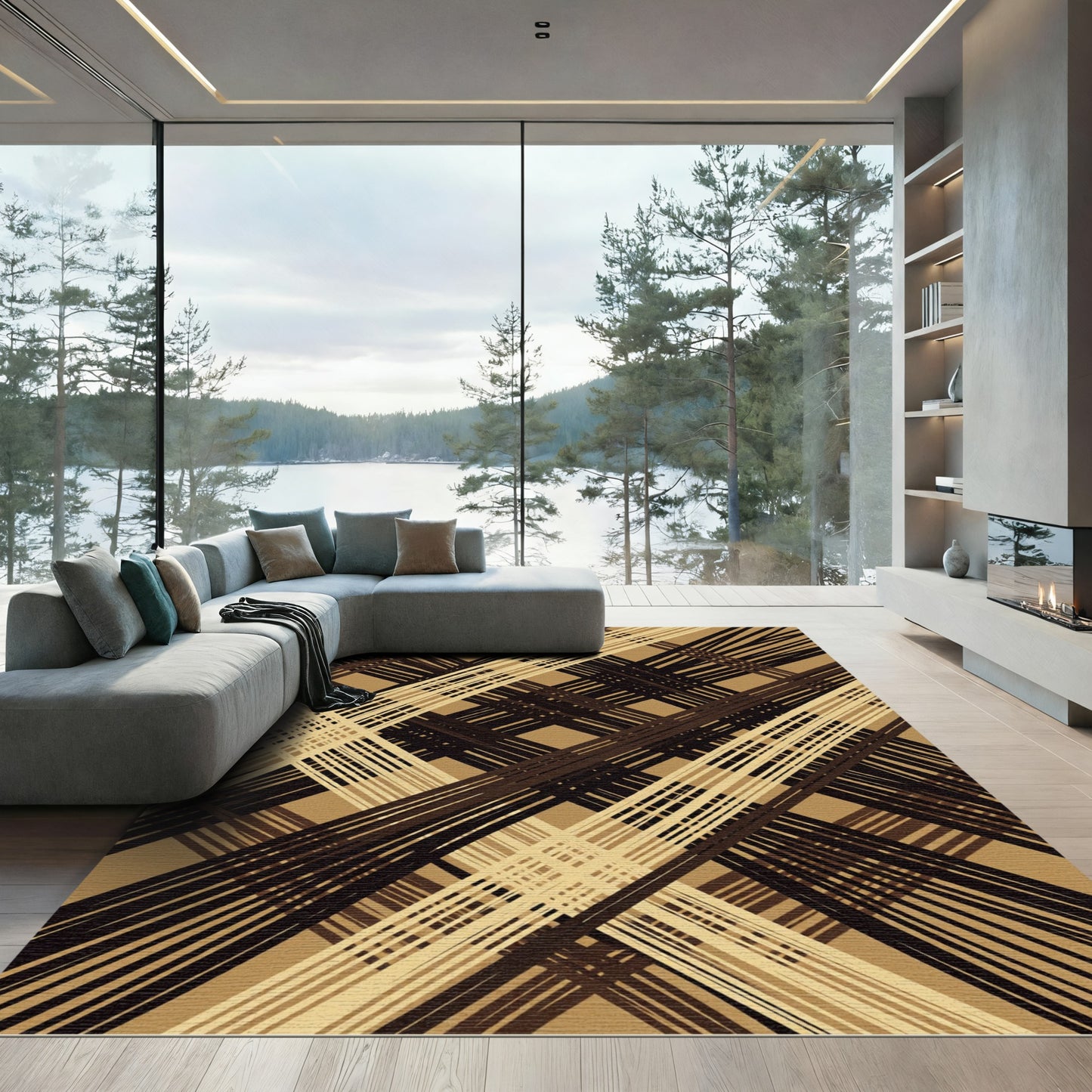 Abstract Tan Plaid Stripe Interwoven Rug