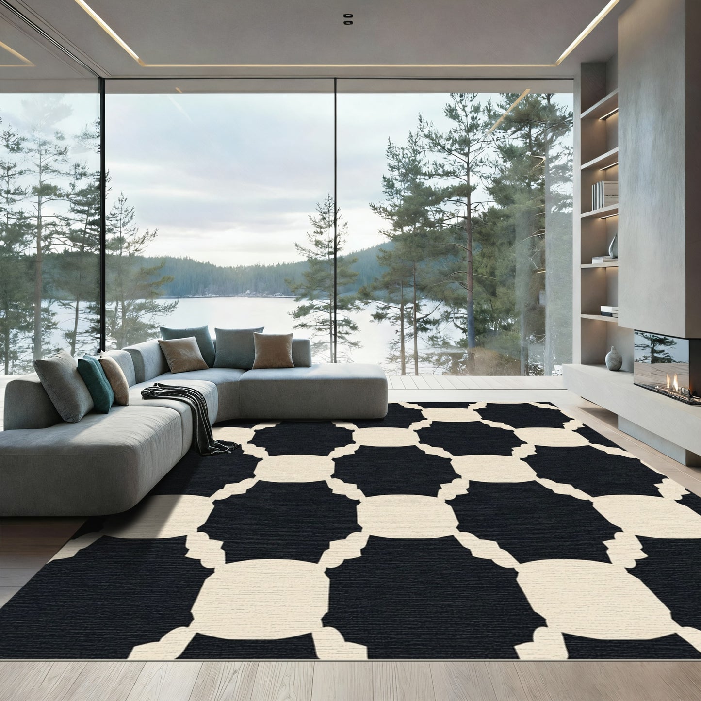 Black White Lattice Geometric Rug