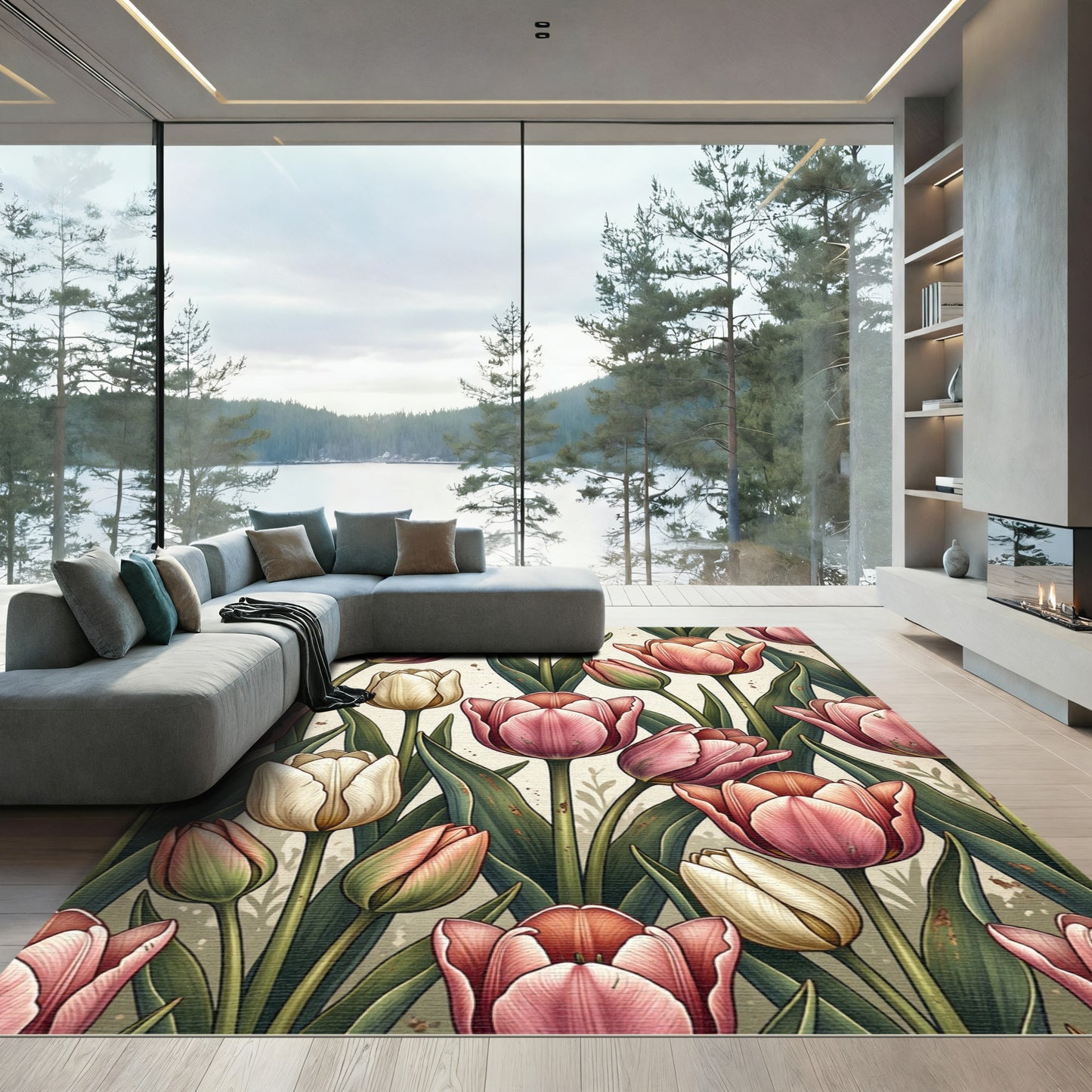 Vintage Pink Tulip Botanical Garden Rug