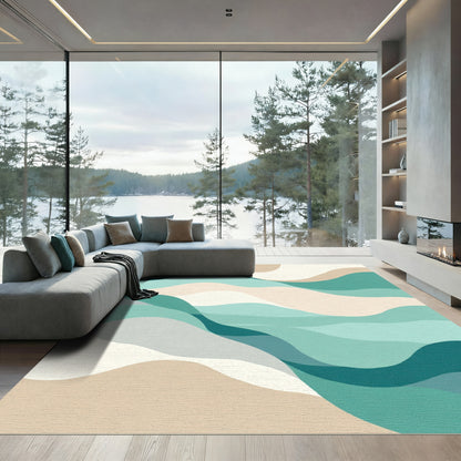 Teal Beige Abstract Wave Flow Rug
