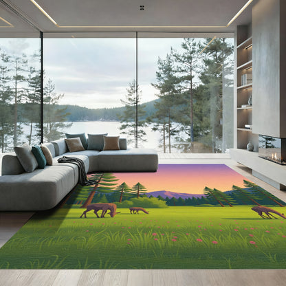 Peaceful Meadow Deer Sunset Landscape Rug