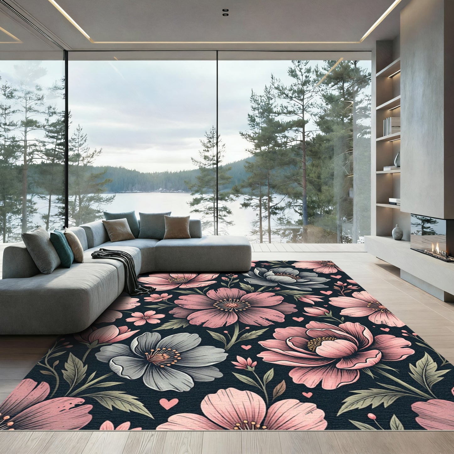 Botanical Pink and Gray Floral Garden Rug