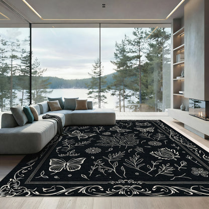 Black White Botanical Butterfly Collage Rug