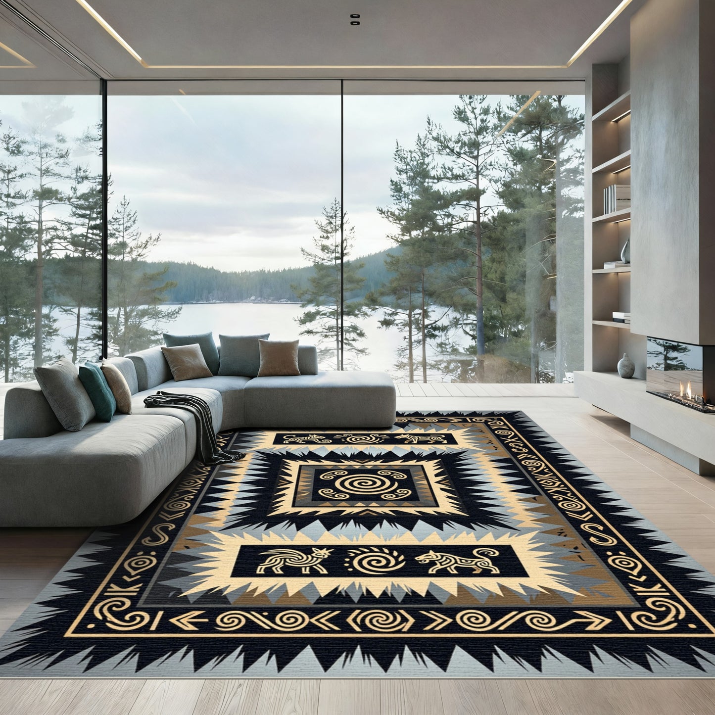 Tribal Geometric Animal Swirl Gold Black Rug