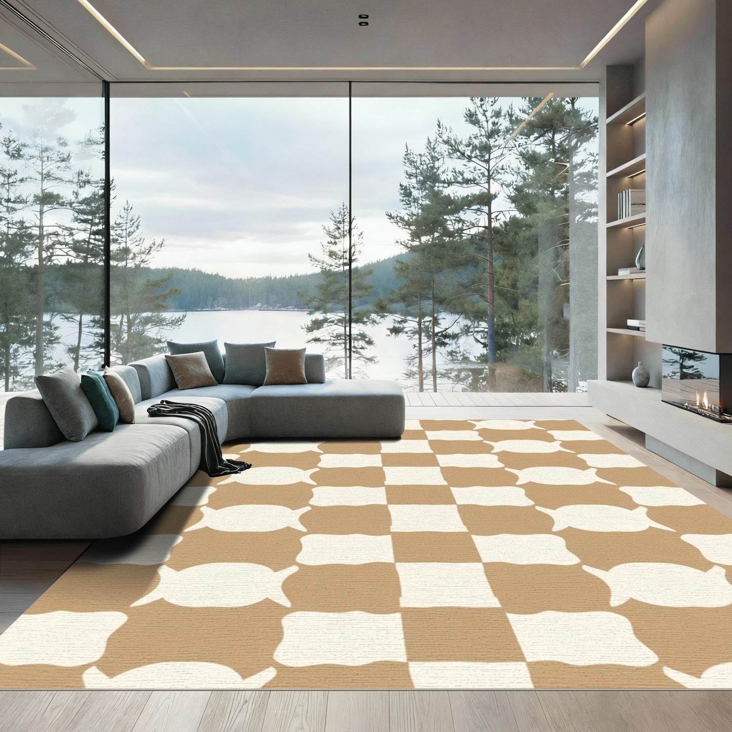 Tan Cream Checkerboard Bowtie Accordion Rug