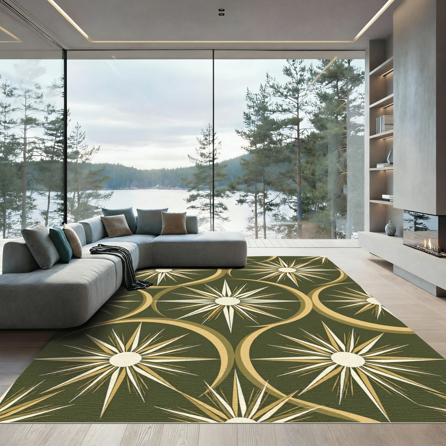 Sage Green Celestial Burst Geometric Area Rug
