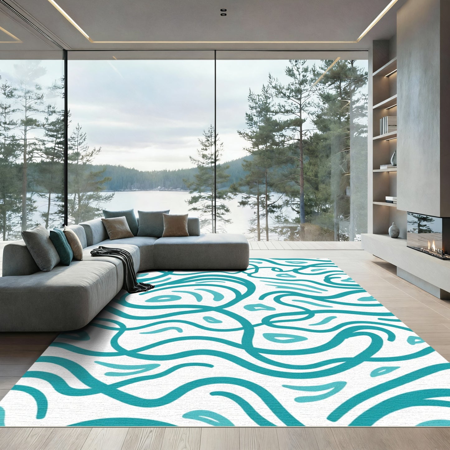 Teal Abstract Flowing Lines Rug