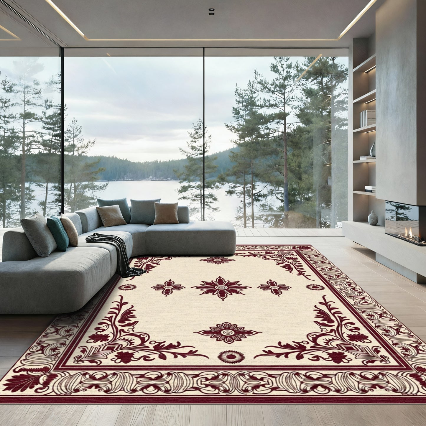 Cream Burgundy Floral Medallion Border Rug