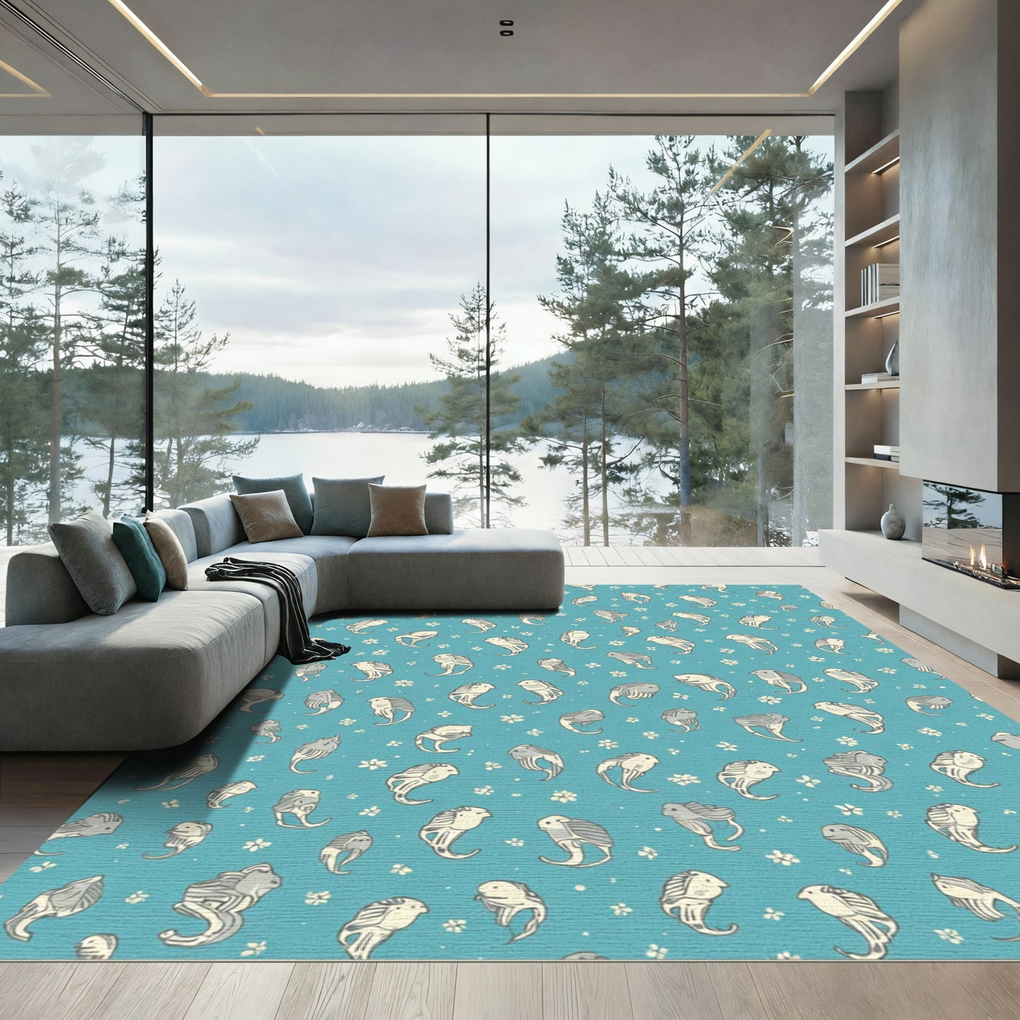 Whimsical Blue White Bird Flock Rug