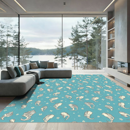 Whimsical Blue White Bird Flock Rug