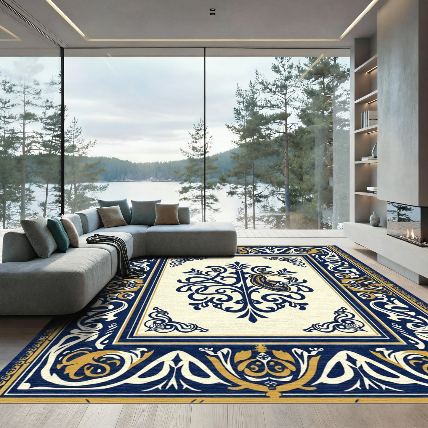 Navy Gold Lion Crest Border Rug