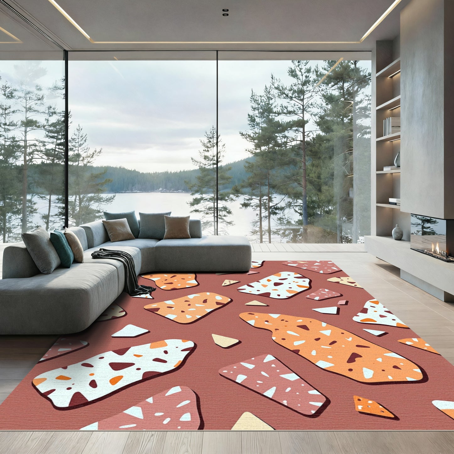 Modern Terracotta and Cream Terrazzo Abstract Rug